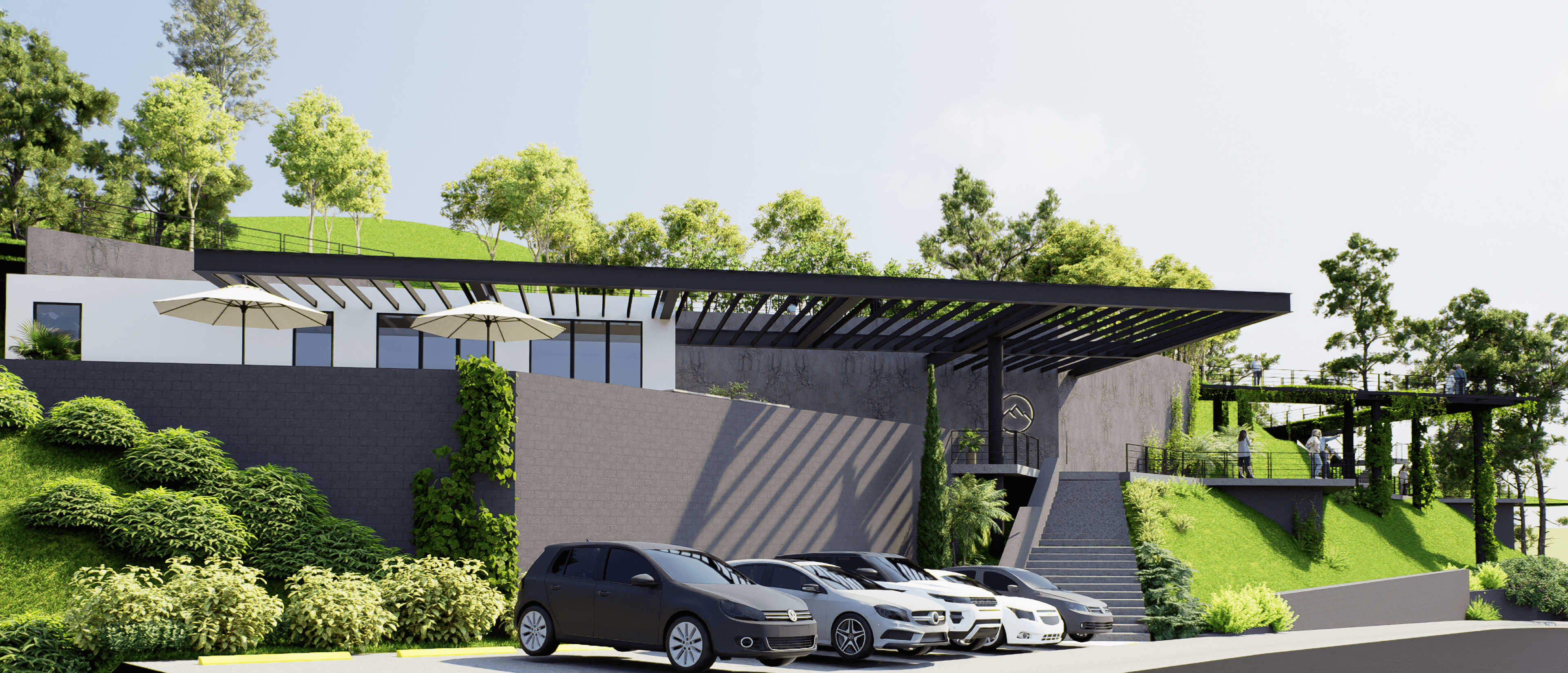 Waterford Hills clubhouse with vehicles in foreground